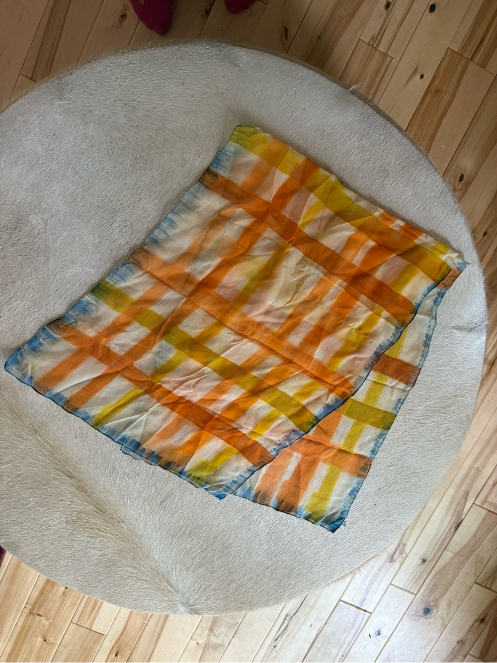 Vintage 💯 silk Lightweight Yellow & Orange Plaid Scarf- Mode Maker - Picture 5 of 5